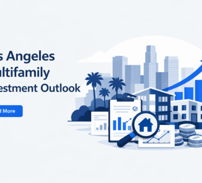 Minimalist feature image showing Los Angeles skyline with multifamily buildings, financial charts, and an upward growth arrow in a clean blue and grey color palette on a light background.