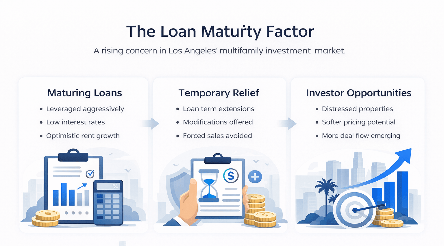 Minimalist landscape infographic titled “The Loan Maturity Factor,” showing maturing multifamily loans, temporary lender relief actions, and emerging investor opportunities using clean blue, grey, and white visuals.