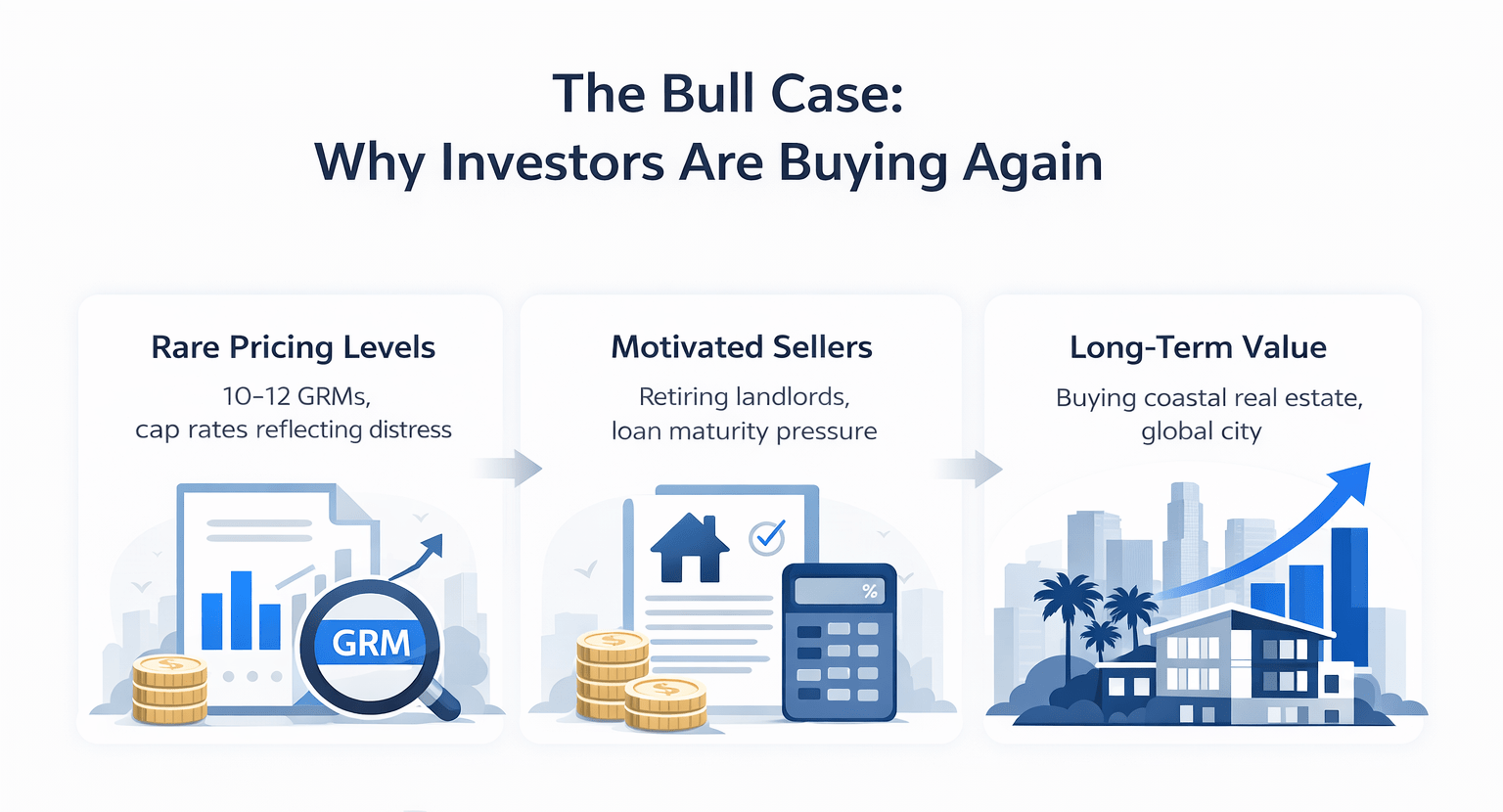 Minimalist landscape infographic illustrating Los Angeles multifamily investment trends, featuring pricing metrics, GRM indicators, and growth icons in a clean blue, navy, and white color scheme.