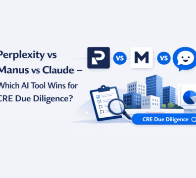 Perplexity vs Manus vs Claude comparison banner with left-aligned title and CRE due diligence visuals on the right