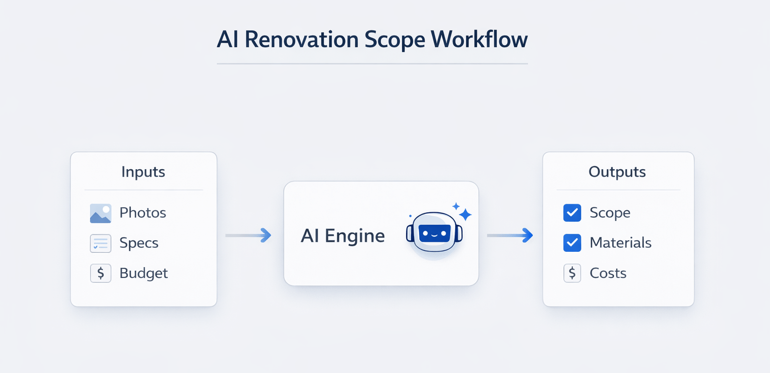 Minimalist infographic showing an AI renovation workflow with inputs, AI processing, and outputs in a clean horizontal layout.