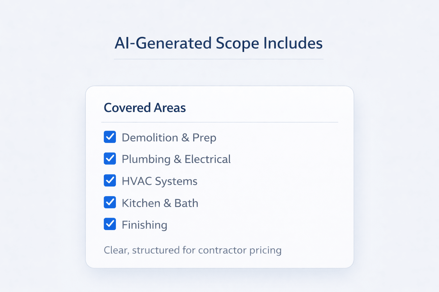 Minimalist infographic showing AI-generated renovation scope checklist with covered areas like demolition, plumbing, HVAC, kitchen, and finishing.