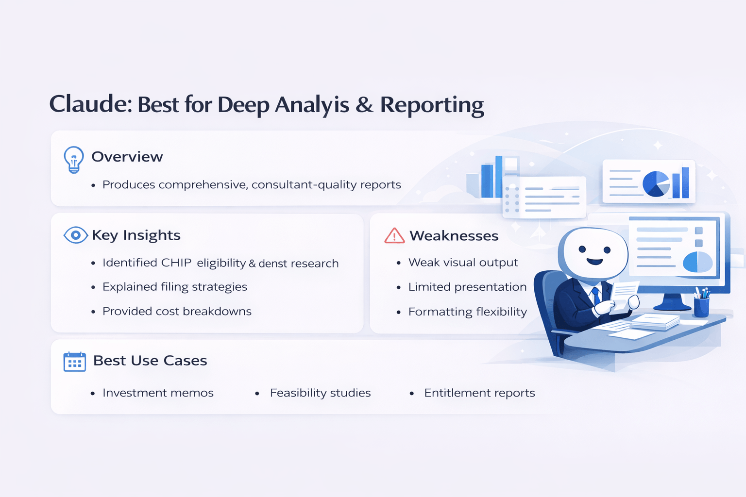 Infographic showing Claude as the best AI tool for deep CRE analysis with overview, key insights, weaknesses, and best use cases