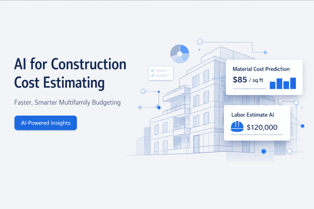 AI-powered construction cost estimating illustration showing multifamily building with material cost and labor estimate insights