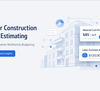 AI-powered construction cost estimating illustration showing multifamily building with material cost and labor estimate insights