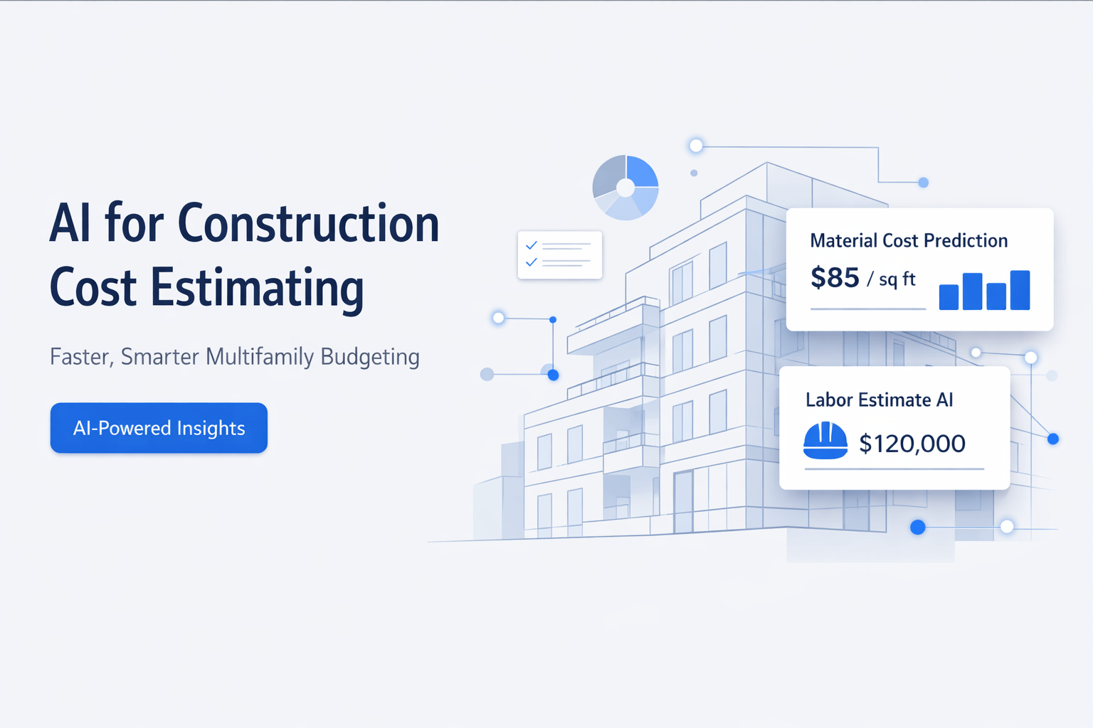 AI-powered construction cost estimating illustration showing multifamily building with material cost and labor estimate insights