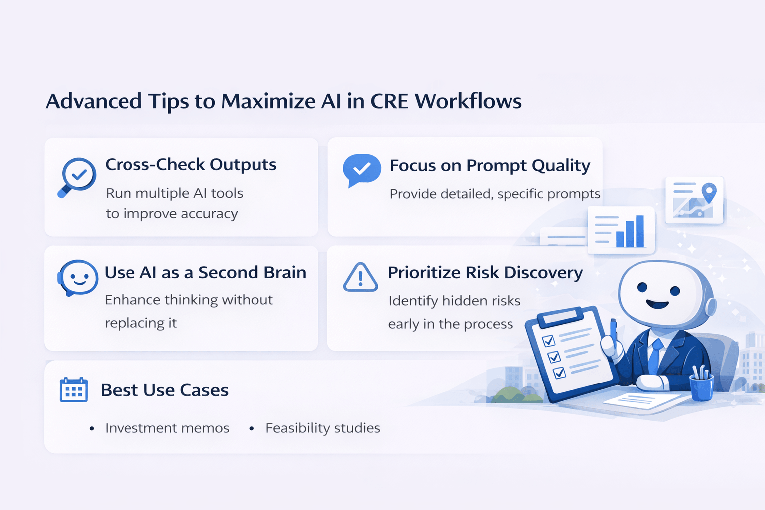 Infographic showing advanced tips to maximize AI in CRE workflows including cross-checking outputs, prompt quality, second-brain usage, and risk discovery