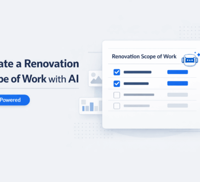 Minimalist feature image showing a renovation scope of work checklist inside a clean UI dashboard with blue accents and an AI-powered label.