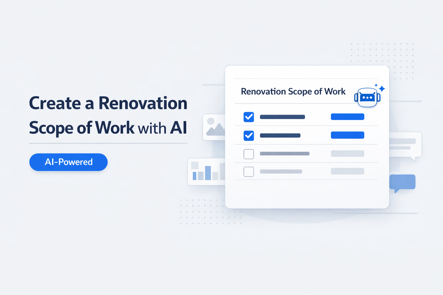 Minimalist feature image showing a renovation scope of work checklist inside a clean UI dashboard with blue accents and an AI-powered label.