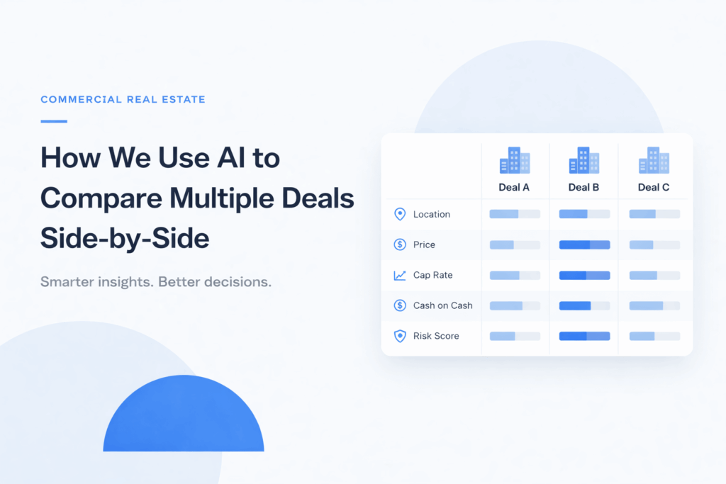 Minimalist illustration showing AI comparing multiple commercial real estate deals side-by-side with property cards, analytics charts, and a magnifying glass highlighting key insights