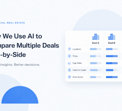 Minimalist illustration showing AI comparing multiple commercial real estate deals side-by-side with property cards, analytics charts, and a magnifying glass highlighting key insights