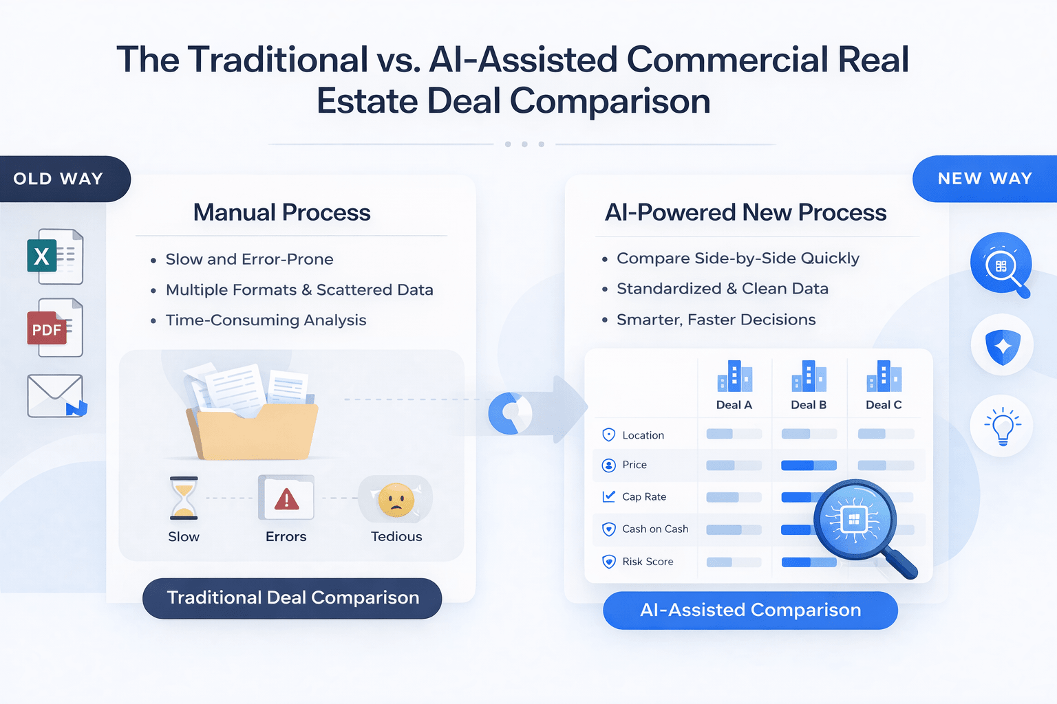 Landscape infographic comparing traditional manual deal analysis with AI-powered commercial real estate deal comparison, showing faster insights, standardized data, and side-by-side evaluation