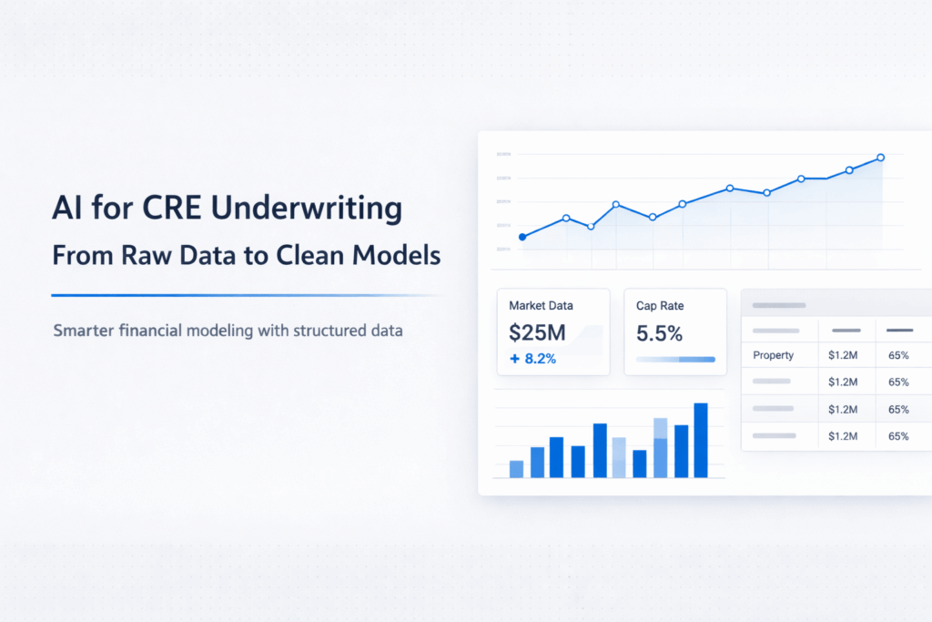 AI-powered CRE underwriting dashboard showing financial data charts, KPIs, and structured modeling interface