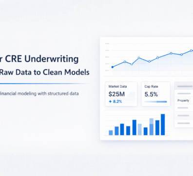 AI-powered CRE underwriting dashboard showing financial data charts, KPIs, and structured modeling interface