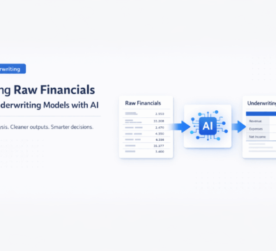 AI transforming raw financial data into structured underwriting models through a clean, modern SaaS-style interface