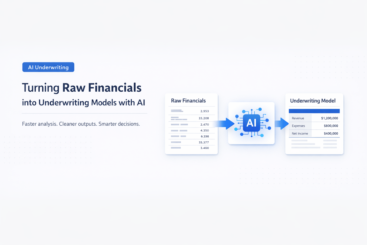AI transforming raw financial data into structured underwriting models through a clean, modern SaaS-style interface