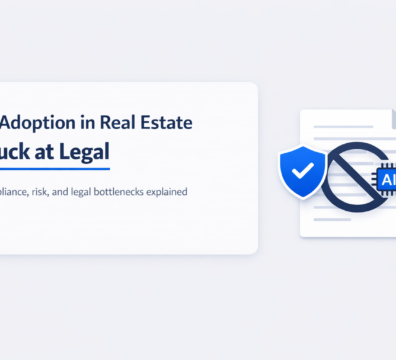 AI adoption in real estate blocked by legal and compliance barriers illustrated with document, shield, and AI icon