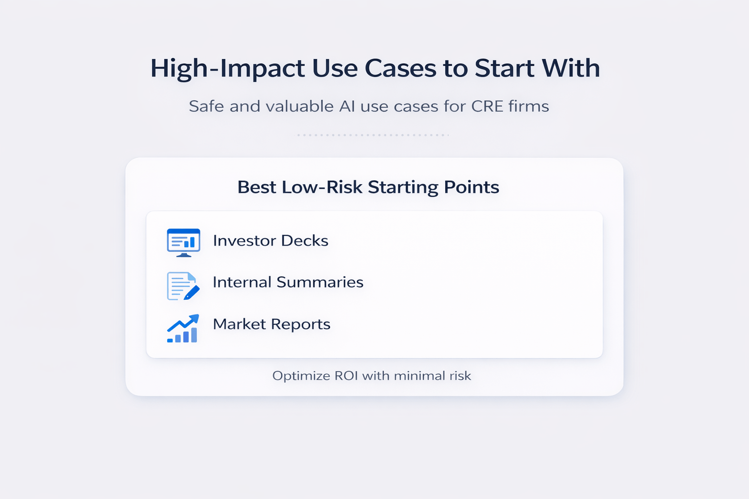 Infographic showing low-risk AI use cases in commercial real estate, including investor decks, internal summaries, and market reports