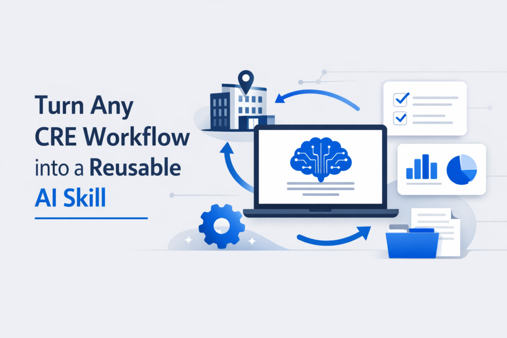 Minimalist illustration showing a CRE workflow being transformed into a reusable AI skill with a laptop, data charts, and automation icons in blue and navy tones.
