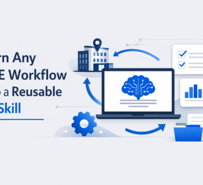 Minimalist illustration showing a CRE workflow being transformed into a reusable AI skill with a laptop, data charts, and automation icons in blue and navy tones.