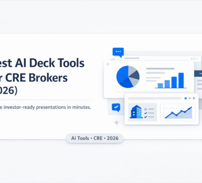 Minimal SaaS-style graphic showing AI presentation tools for CRE brokers with dashboard charts and slide layouts on a light background