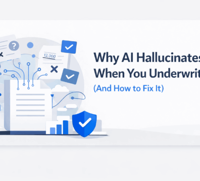 Minimal AI underwriting illustration with document, data flow lines, checkmarks, and shield representing accuracy and error correction