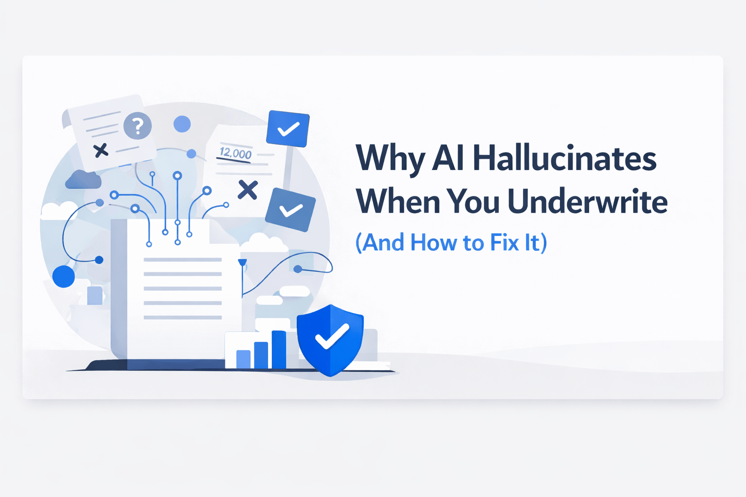 Minimal AI underwriting illustration with document, data flow lines, checkmarks, and shield representing accuracy and error correction