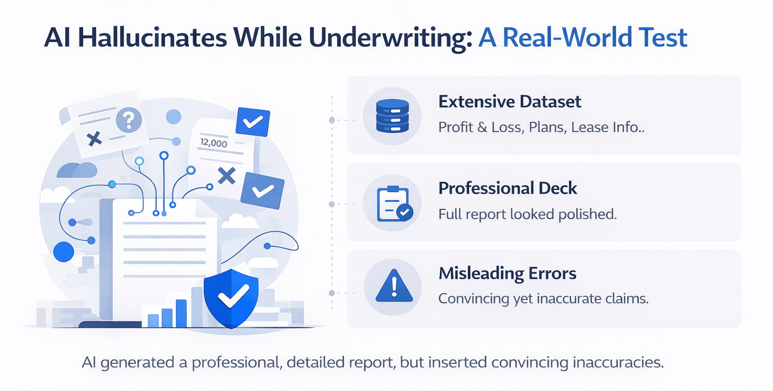 Minimal infographic showing AI underwriting test with dataset input, polished report output, and resulting inaccuracies