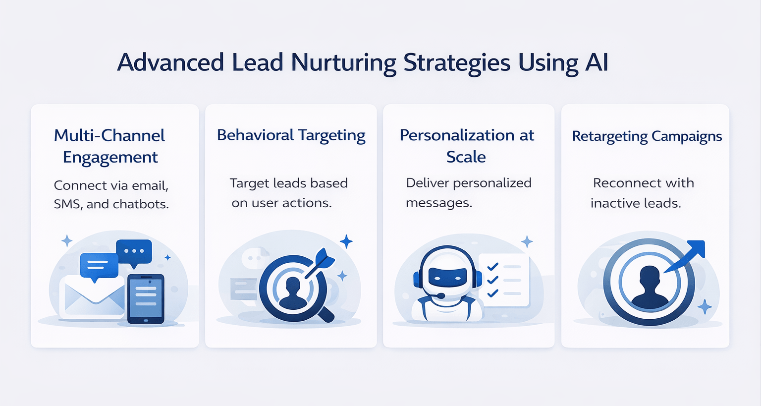 AI lead nurturing infographic showing multichannel engagement, targeting, personalization, and retargeting strategies for realtors