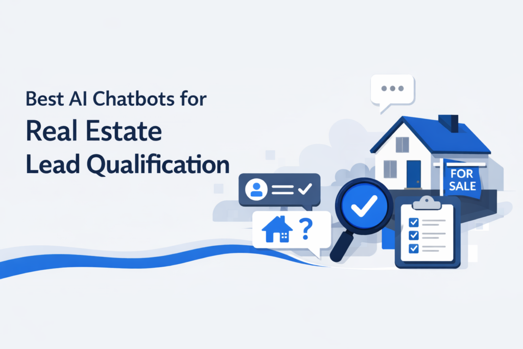 Minimalist illustration of real estate lead qualification using AI chatbots with house, checklist, and chat interface elements