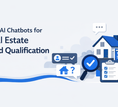 Minimalist illustration of real estate lead qualification using AI chatbots with house, checklist, and chat interface elements