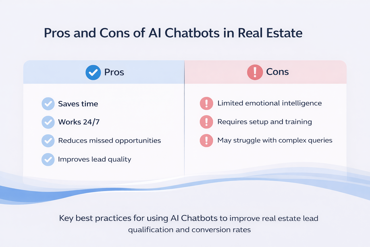 Minimal infographic showing pros and cons of AI chatbots in real estate including benefits and limitations
