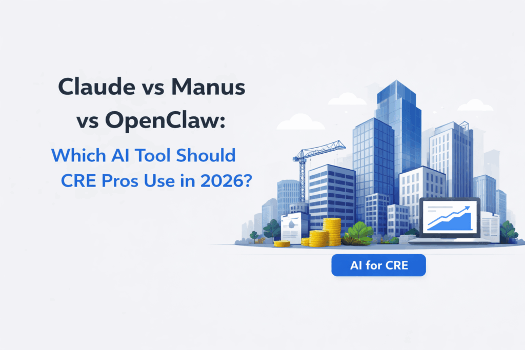 Minimalist feature image showing commercial real estate buildings and cityscape on the right with blog title about AI tools comparison for CRE professionals in 2026.