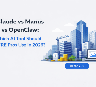 Minimalist feature image showing commercial real estate buildings and cityscape on the right with blog title about AI tools comparison for CRE professionals in 2026.