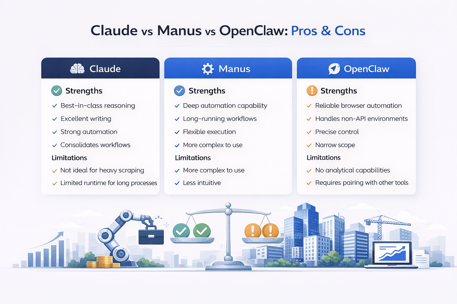 Minimal infographic comparing Claude, Manus, and OpenClaw pros and cons, highlighting strengths and limitations of each AI tool for commercial real estate workflows.