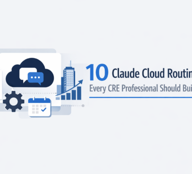 Minimalist SaaS-style feature image showing cloud automation icons, checklist, and analytics chart with the title “10 Claude Cloud Routines Every CRE Professional Should Build