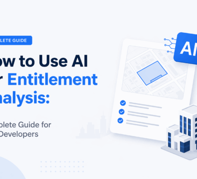 Minimal AI entitlement analysis illustration showing site map, zoning layout, and CRE development workflow with clean blue SaaS-style interface elements.