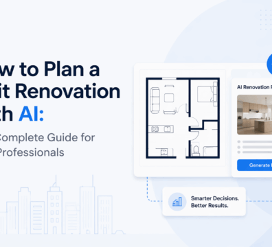 AI-powered unit renovation planning interface with floor plan, dashboard UI, and modern SaaS-style layout for CRE professionals