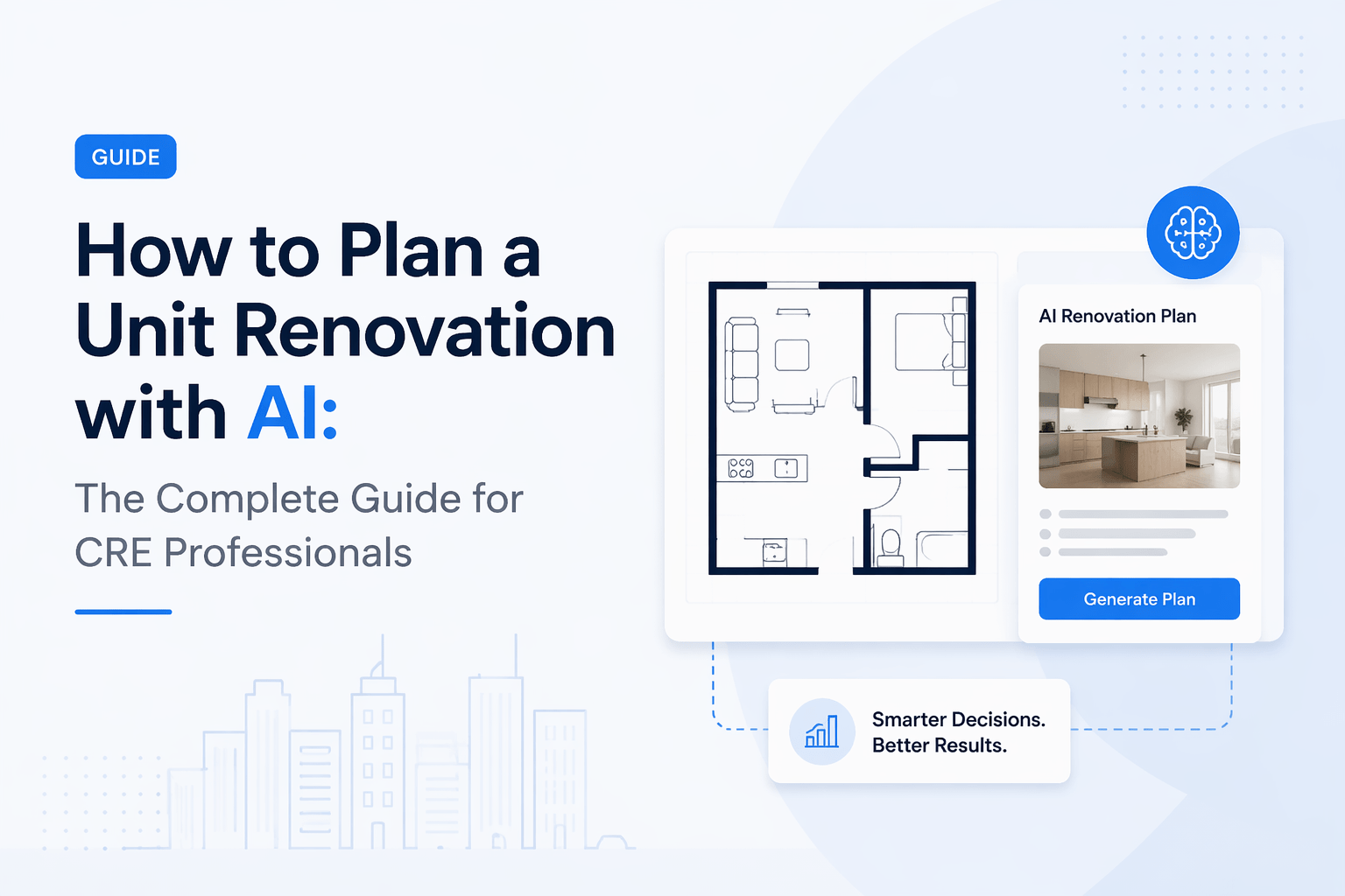 AI-powered unit renovation planning interface with floor plan, dashboard UI, and modern SaaS-style layout for CRE professionals