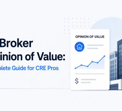 Minimalist feature image showing AI broker opinion of value report with chart, commercial buildings, and clean blue interface design