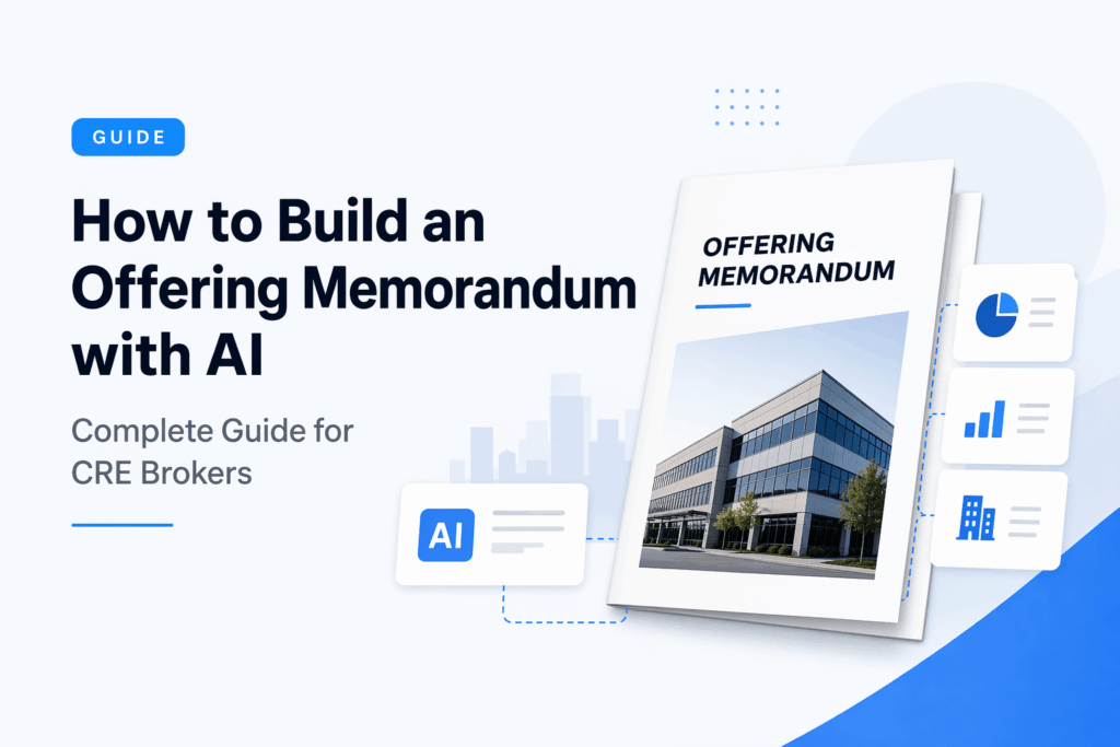 Minimalist feature image showing an AI-powered offering memorandum design with commercial real estate visuals and blue-accented data elements