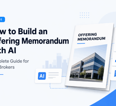 Minimalist feature image showing an AI-powered offering memorandum design with commercial real estate visuals and blue-accented data elements