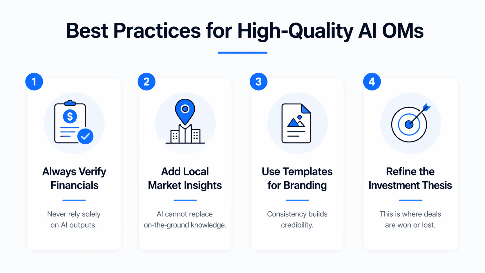 Minimal infographic showing best practices for AI offering memorandums including verifying financials, adding market insights, using templates, and refining investment thesis