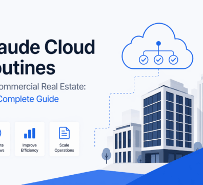 Minimalist feature image showing “Claude Cloud Routines for Commercial Real Estate” with cloud automation icons and modern building illustration in blue and grey tones