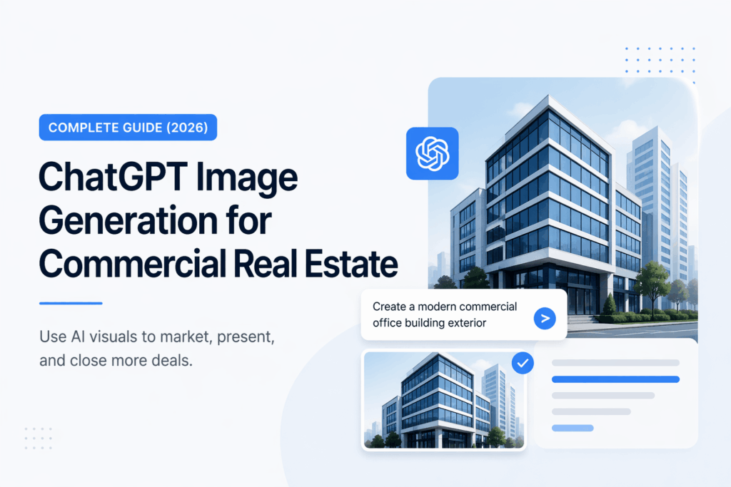 Minimalist feature image showing AI-generated commercial real estate buildings with a clean SaaS-style layout and blue-accent UI elements.