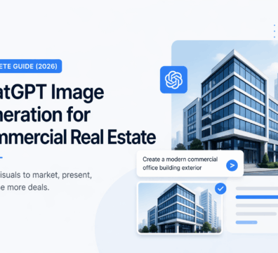 Minimalist feature image showing AI-generated commercial real estate buildings with a clean SaaS-style layout and blue-accent UI elements.