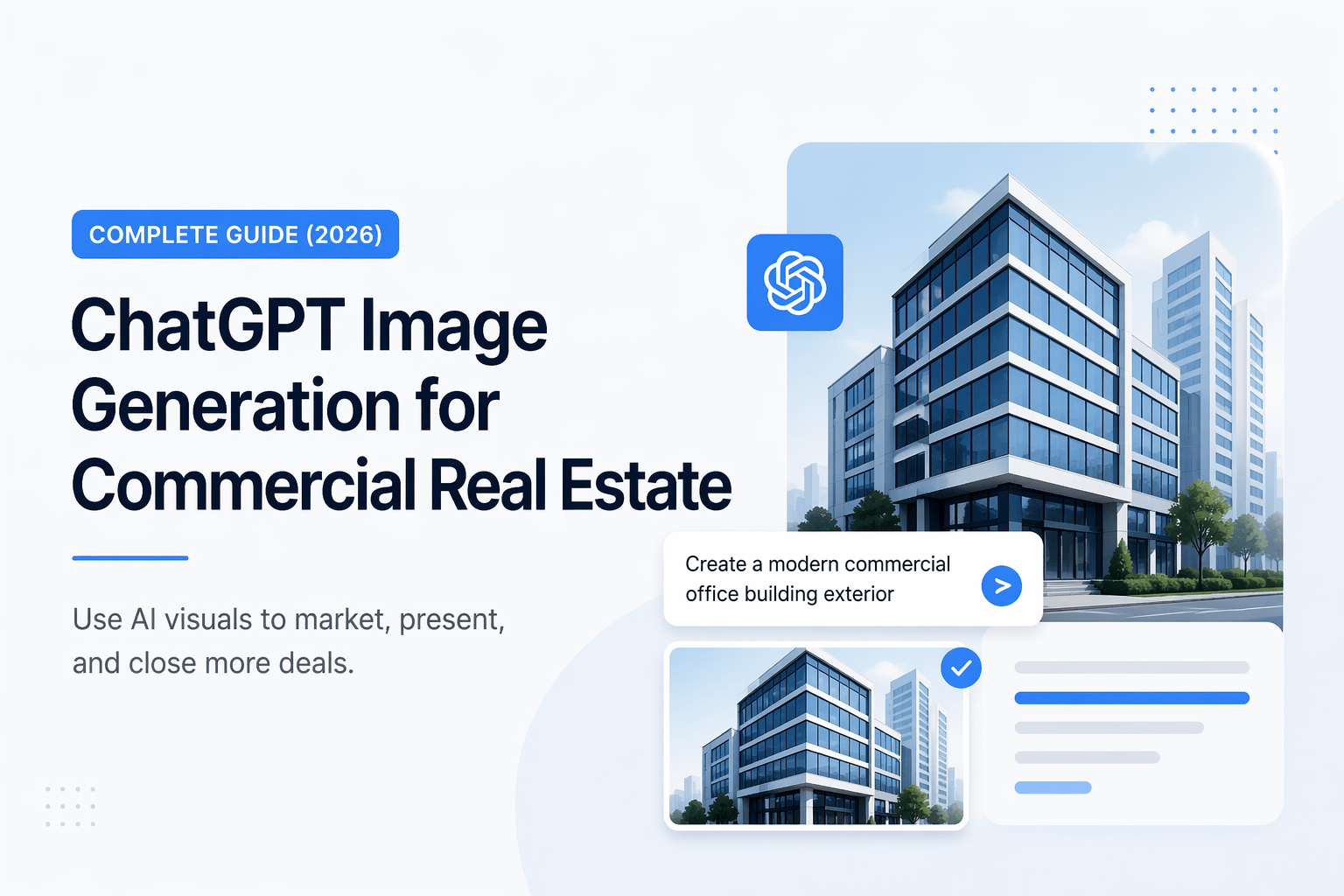 Minimalist feature image showing AI-generated commercial real estate buildings with a clean SaaS-style layout and blue-accent UI elements.