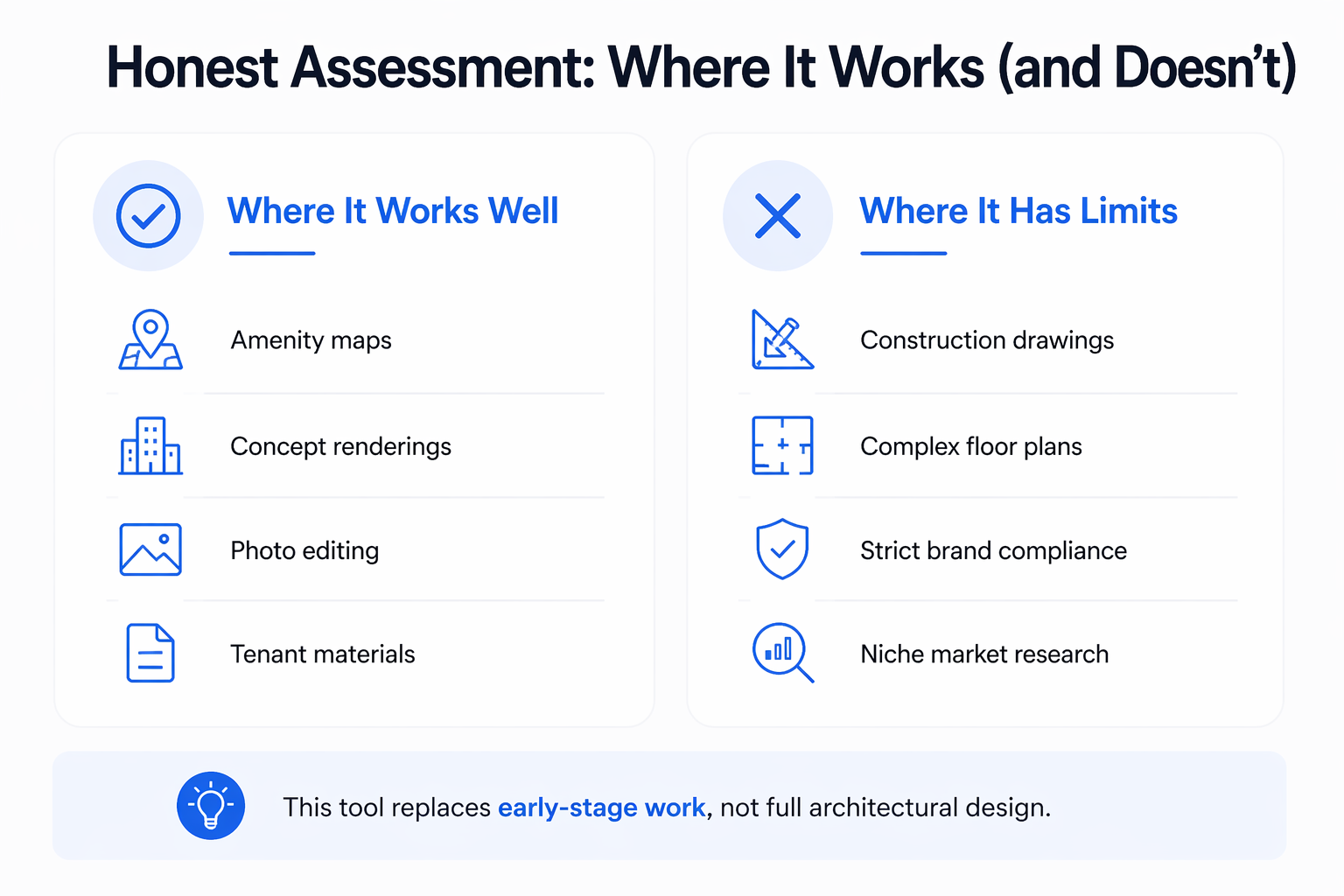Minimalist comparison infographic showing where AI image generation works well and where it has limitations in commercial real estate.