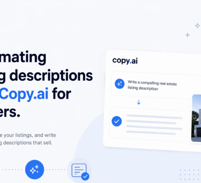 Minimalist feature image showing automation of real estate listing descriptions using Copy.ai with a modern UI card and property visual.