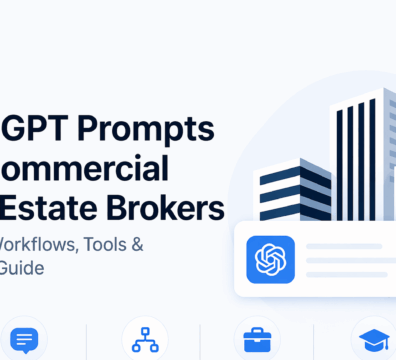 Minimalist feature image showing “50 ChatGPT Prompts for Commercial Real Estate Brokers” with AI workflow, tools, and training elements in a modern blue and light UI design.